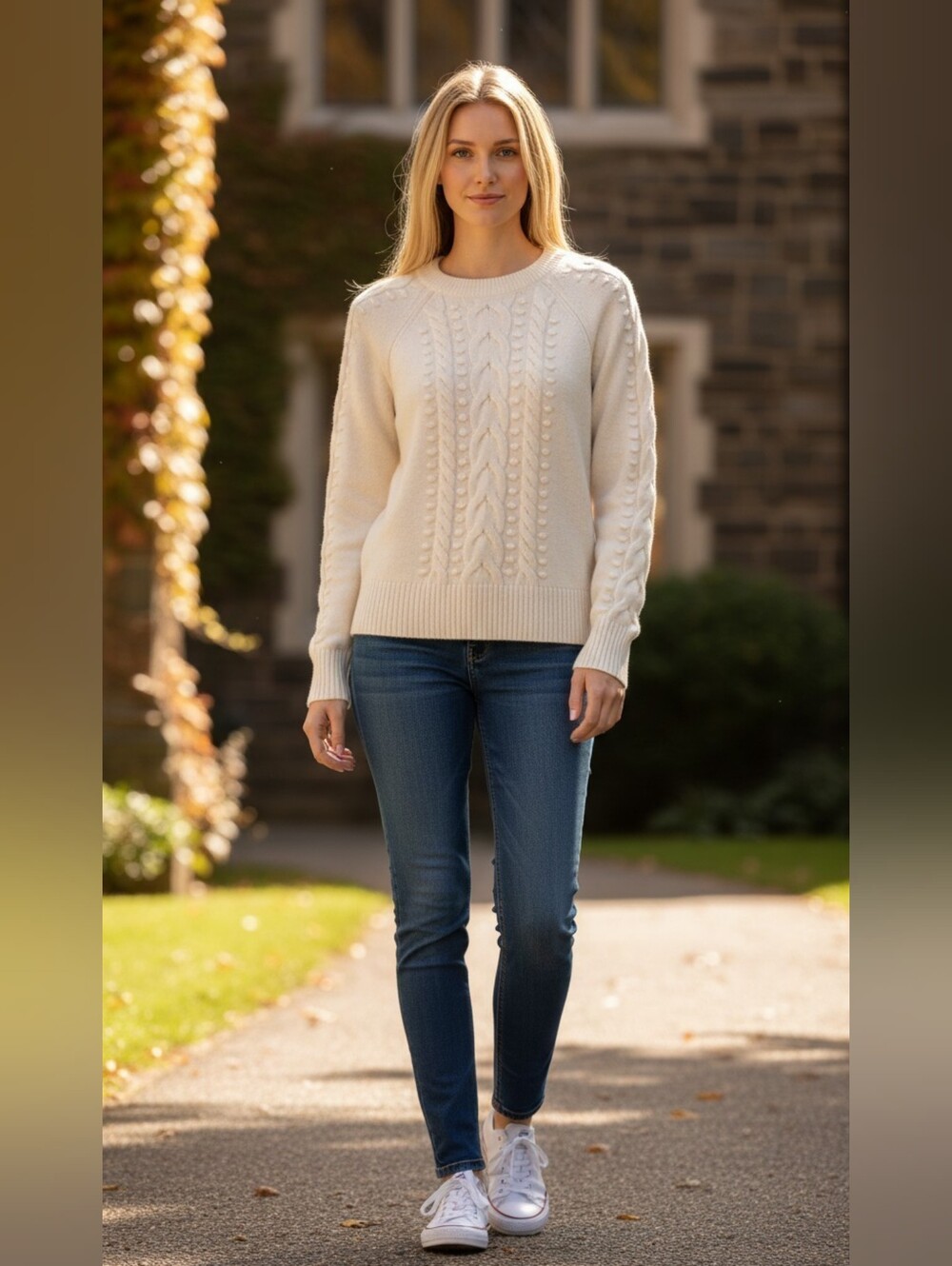 LOFT Ann Taylor Classic Cable Knit Cream Sweater Size M